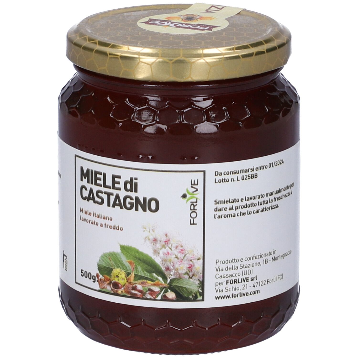 Barattolo di miele con coperchio dorato. Etichetta "Miele di Castagno". Illustrazione di fiori di castagno. Marchio "Forlive".