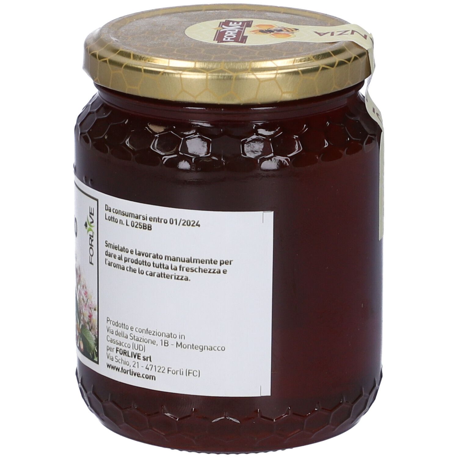 Barattolo di miele con coperchio dorato. Etichetta sul retro. Testo e logo "Forlive".