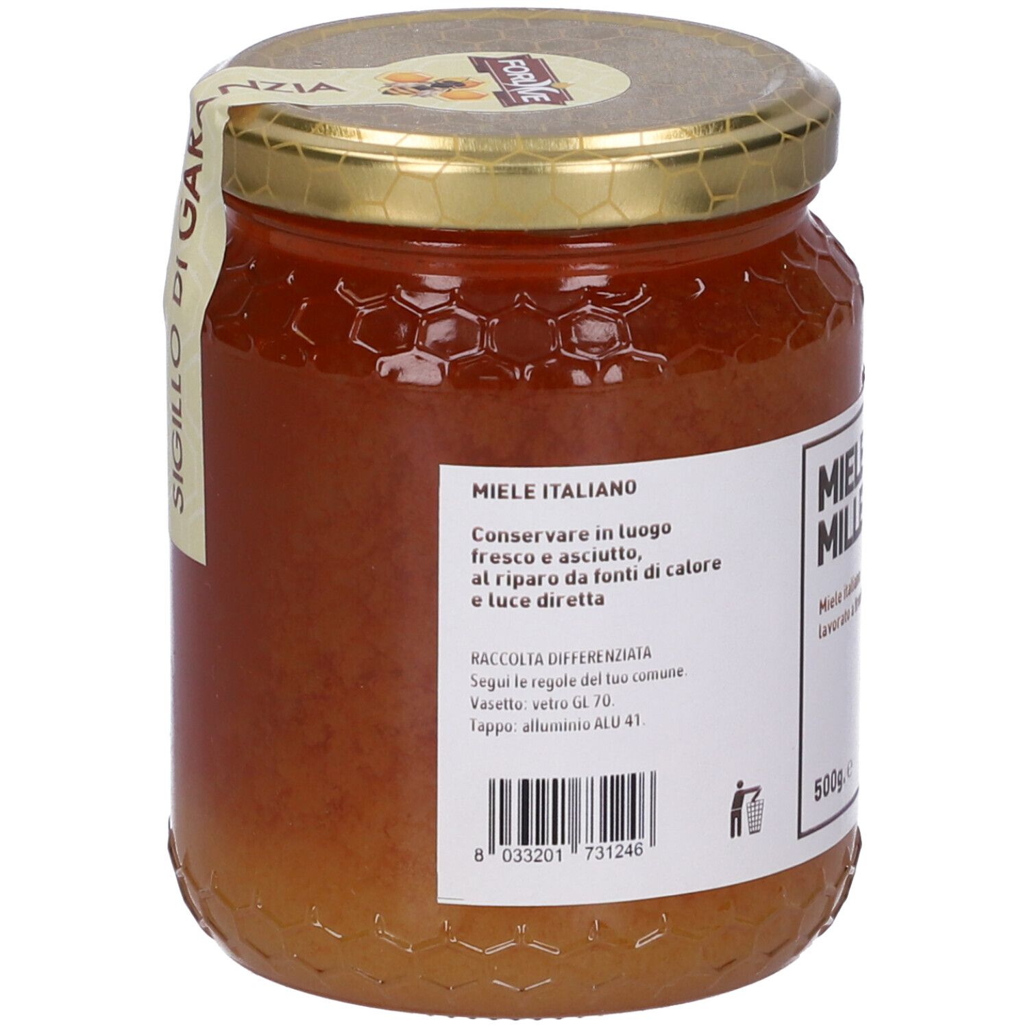 Vasetto di miele con etichetta. 'Miele Italiano'. Codice a barre. Coperchio con 'Sigillo di Garanzia'.