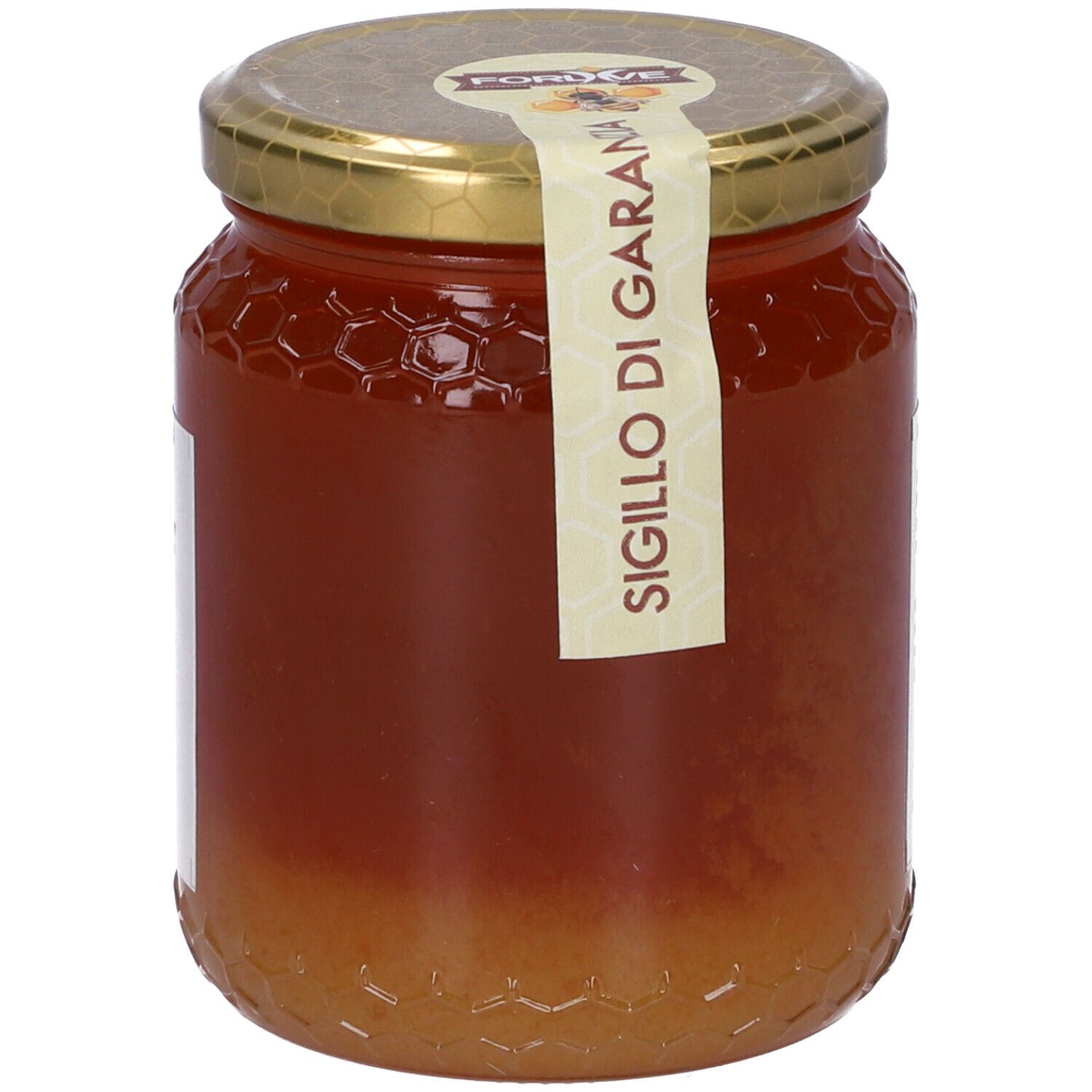 Vasetto di miele con coperchio. Etichetta 'Sigillo di Garanzia'.