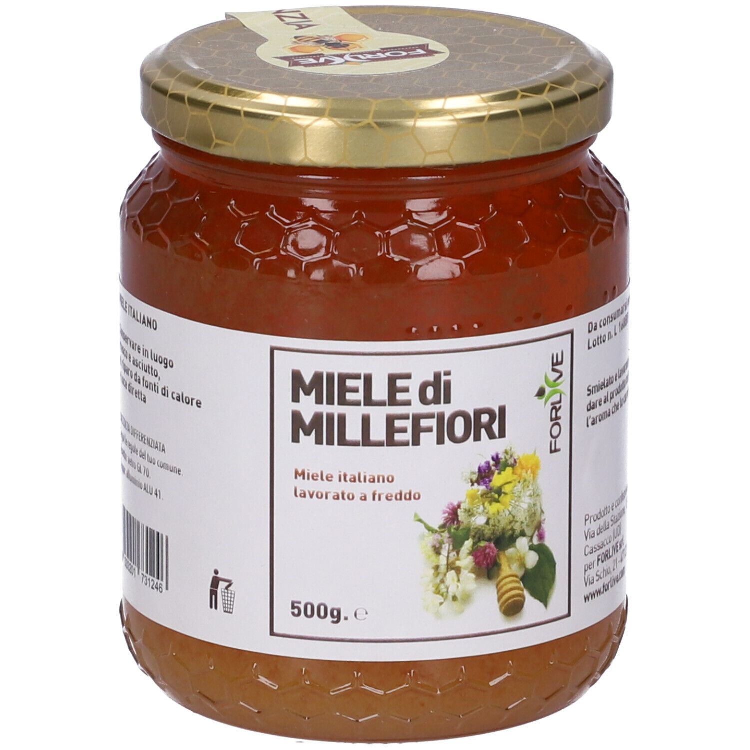 Vasetto miele con etichetta 'Miele di Millefiori'. Illustrazione floreale. Coperchio 'Forlive'. 500g.