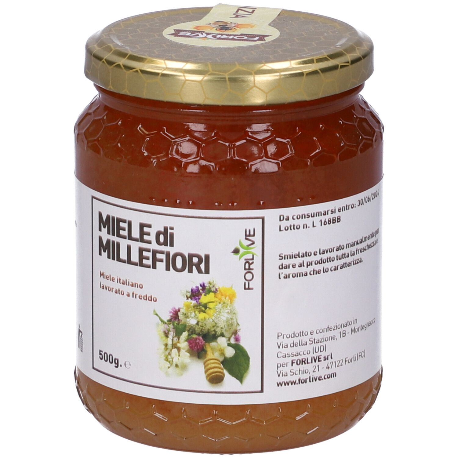 Vasetto miele con etichetta 'Miele di Millefiori'. Illustrazione floreale. Coperchio 'Forlive'. 500g.