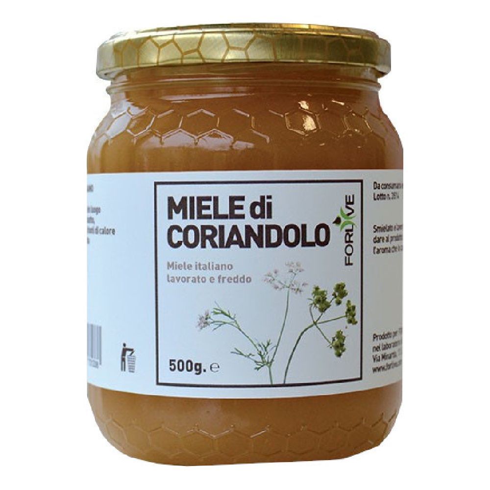 Vasetto di miele. Etichetta 'Miele di Coriandolo'. 500g. Coperchio dorato.