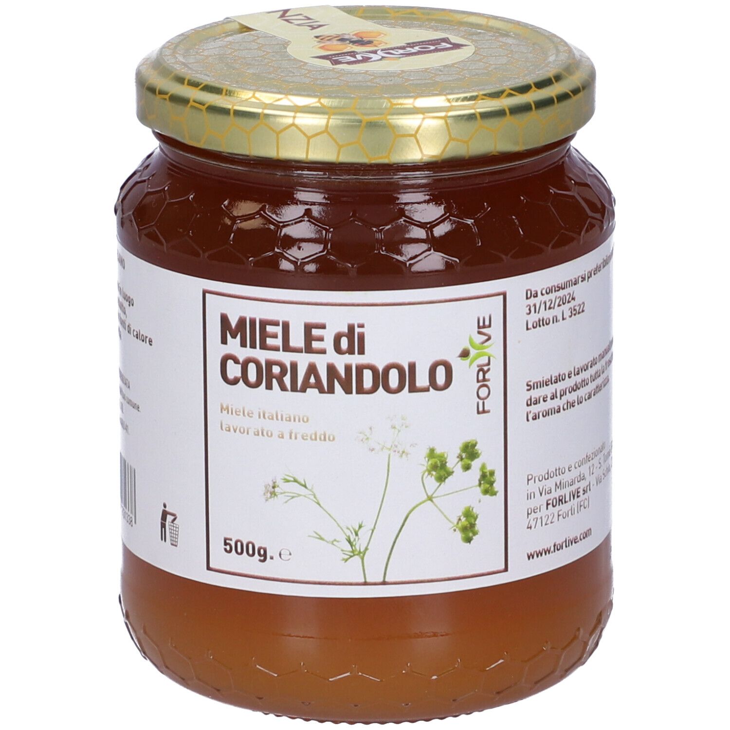 Vasetto di miele. Etichetta 'Miele di Coriandolo'. 500g. Coperchio dorato. Marchio 'FORLIVE'.