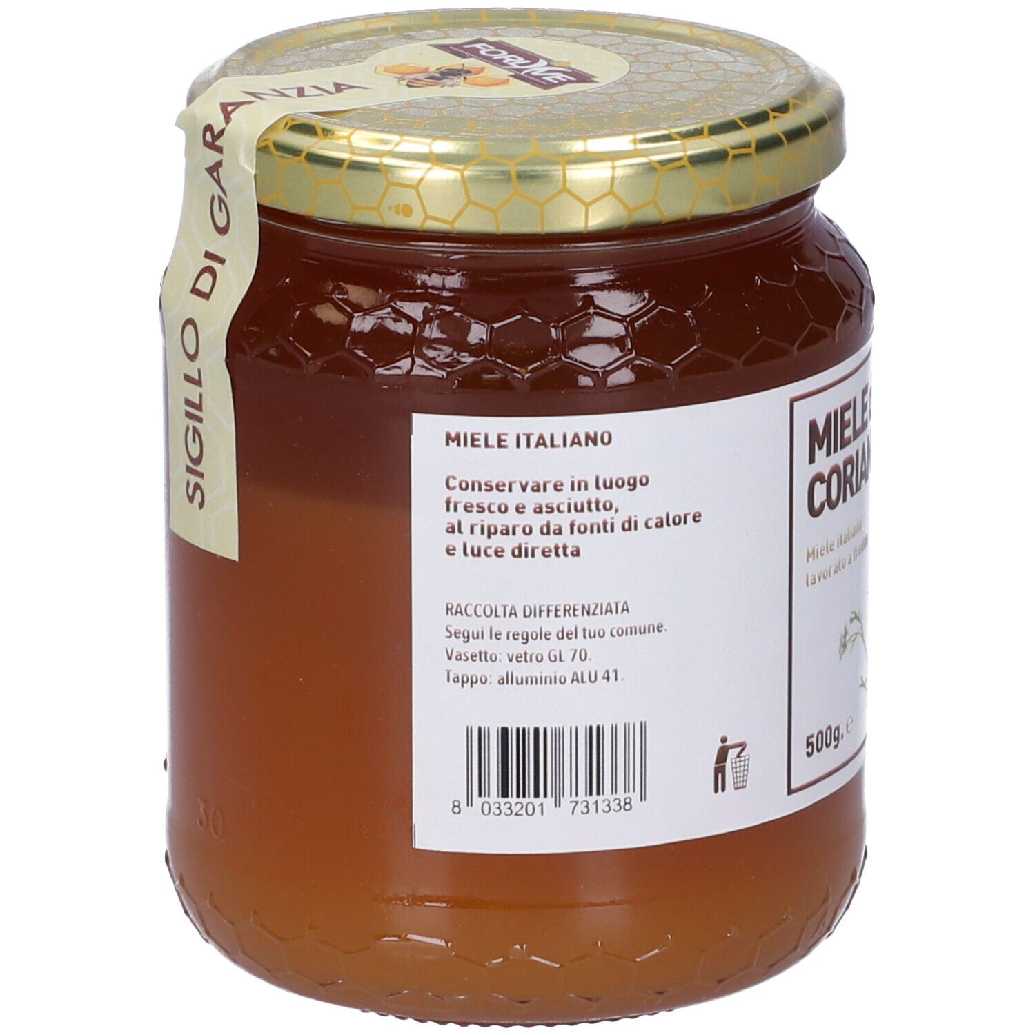 Vasetto di miele. Etichetta 'Miele di Coriandolo'. 500g. Coperchio dorato. Sigillo 'SIGILLO DI GARANZIA'.
