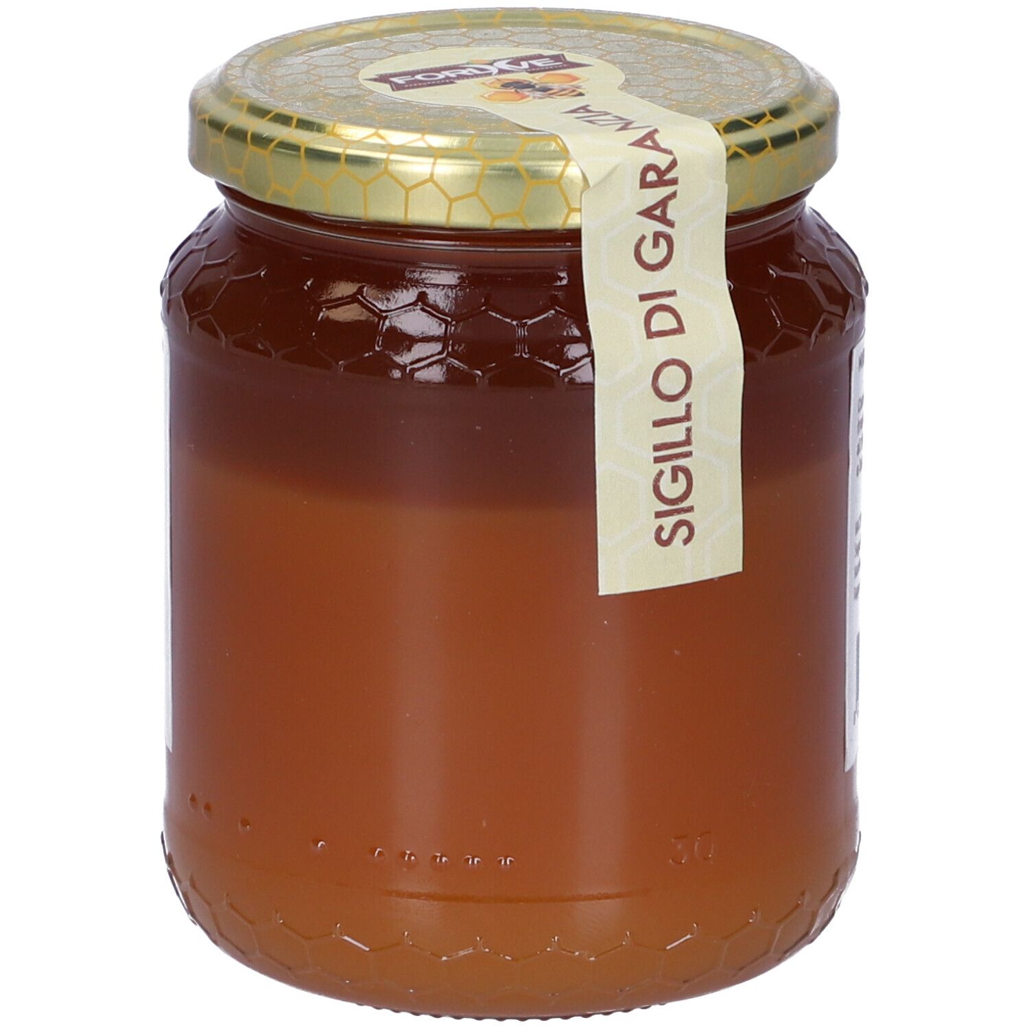 Vasetto di miele. Etichetta 'Miele di Coriandolo'. 500g. Coperchio dorato. Sigillo 'SIGILLO DI GARANZIA'.