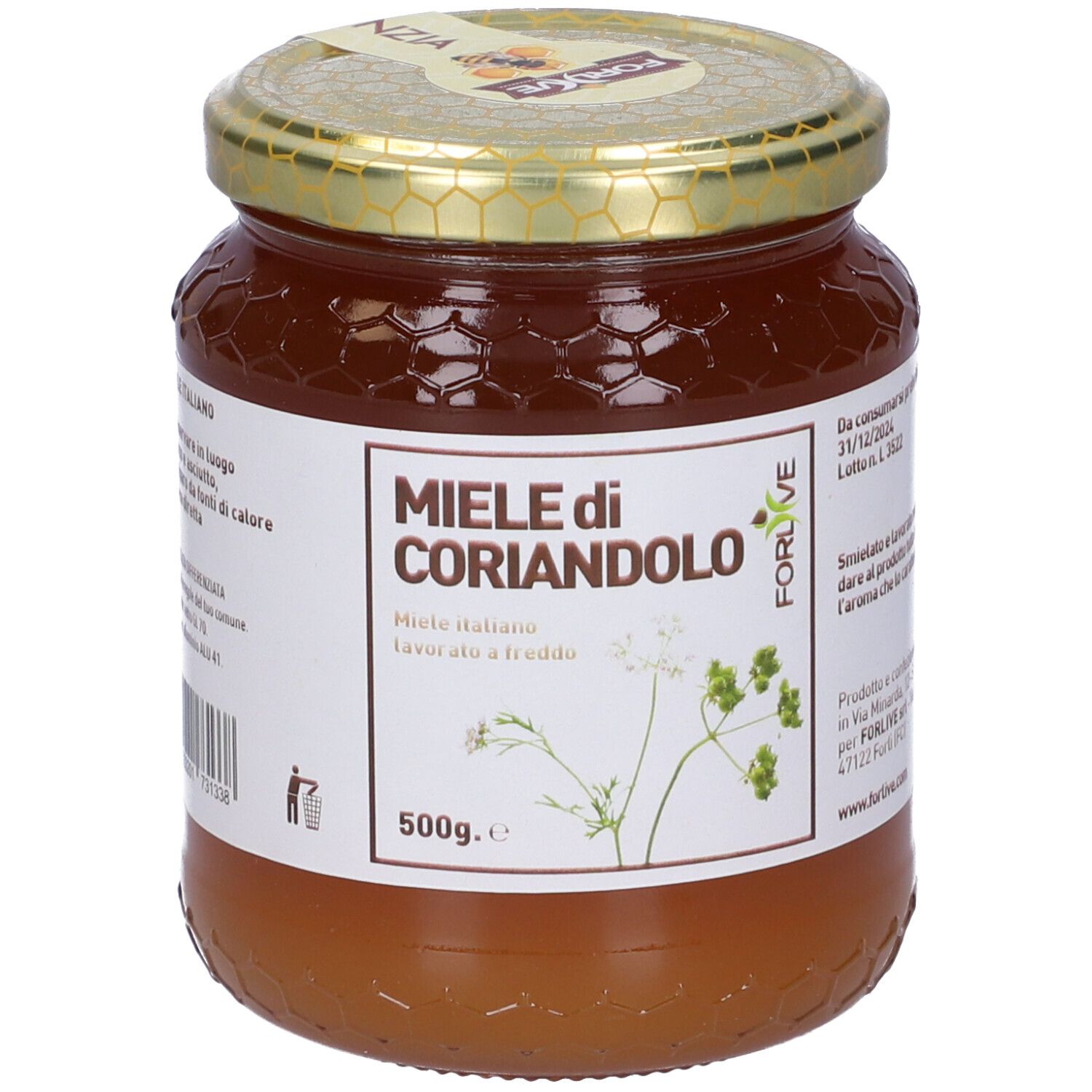 Vasetto di miele. Etichetta 'Miele di Coriandolo'. 500g. Coperchio dorato. Marchio 'FORLIVE'.