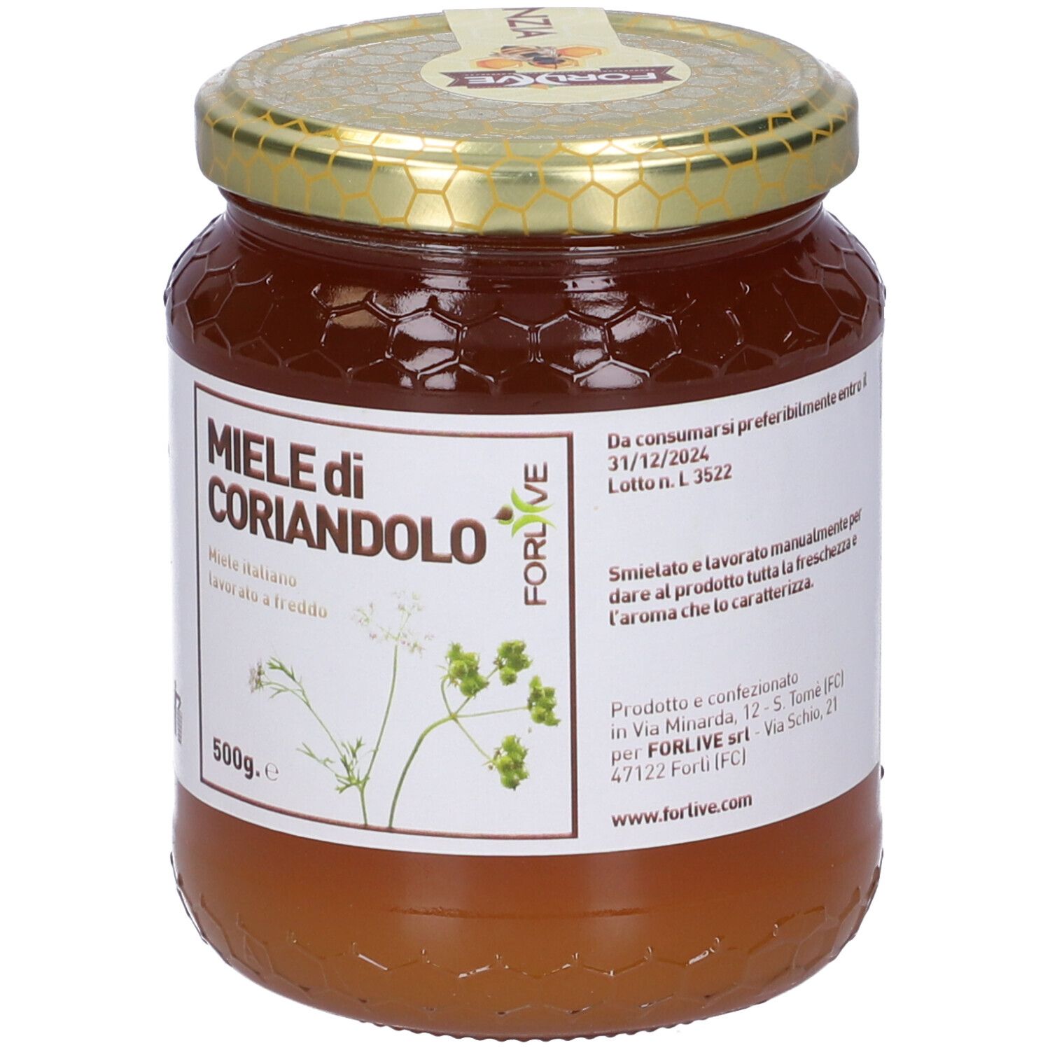 Vasetto di miele. Etichetta 'Miele di Coriandolo'. 500g. Coperchio dorato. Marchio 'FORLIVE'.
