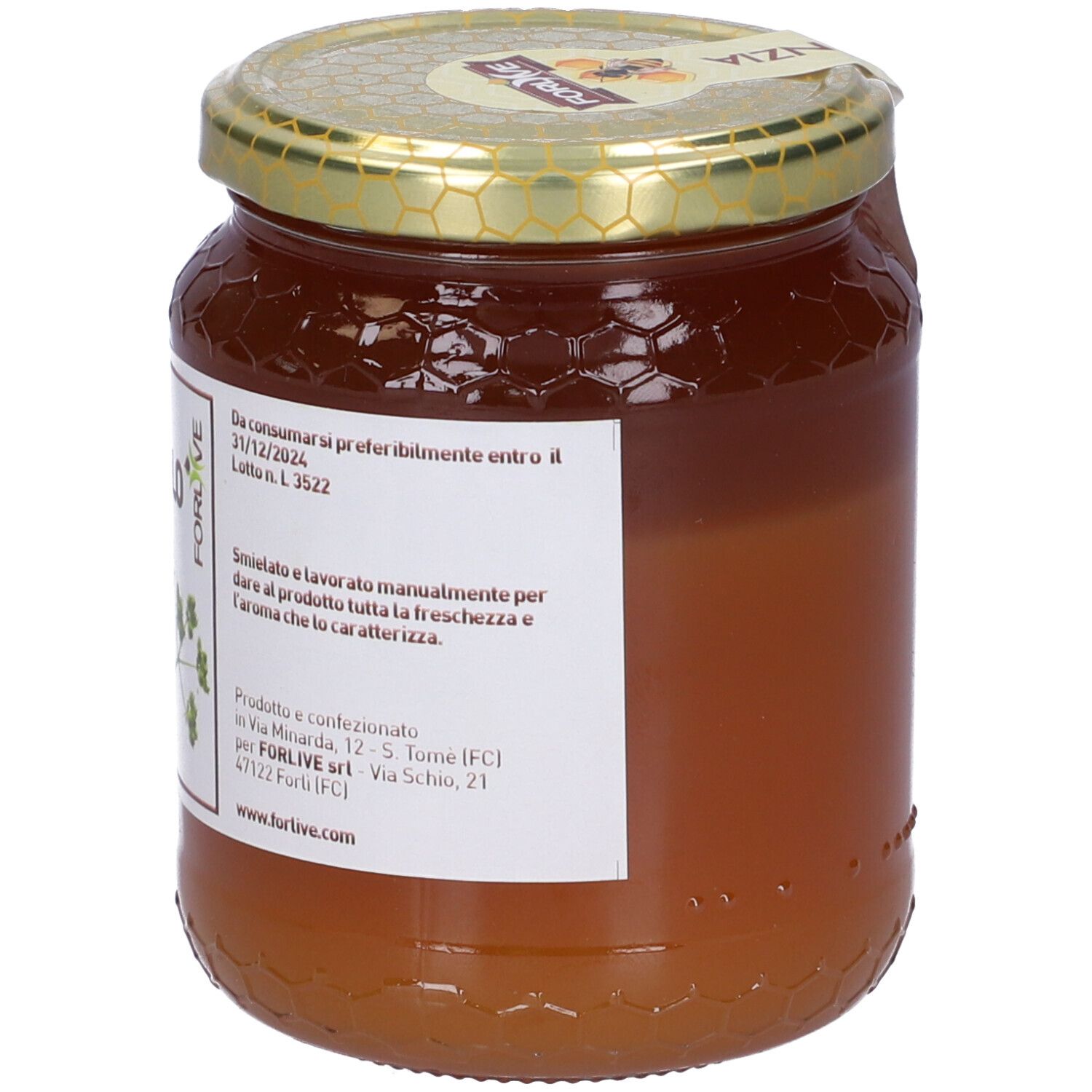 Vasetto di miele. Etichetta 'Miele di Coriandolo'. 500g. Coperchio dorato. Marchio 'FORLIVE'.
