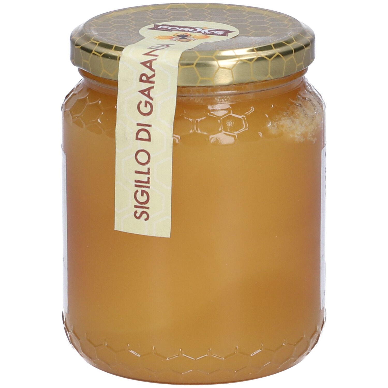 Vasetto di miele. Etichetta con "Sigillo di Garanzia". Coperchio dorato.