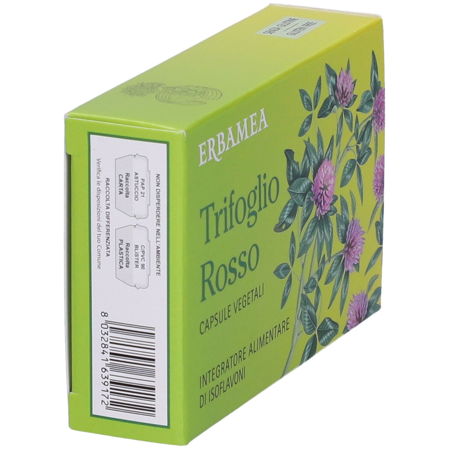 Grüne Schachtel Erbamea Trifoglio Rosso, Kapseln. Aufdruck mit Text und Barcode. Klee-Illustration.