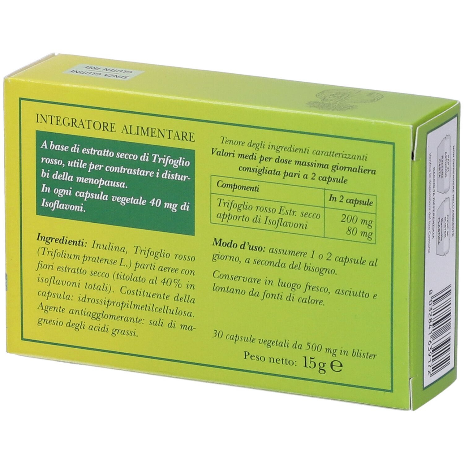 Rückseite der Schachtel Erbamea Trifoglio Rosso. Text über Inhaltsstoffe und Anwendung. 30 Kapseln.