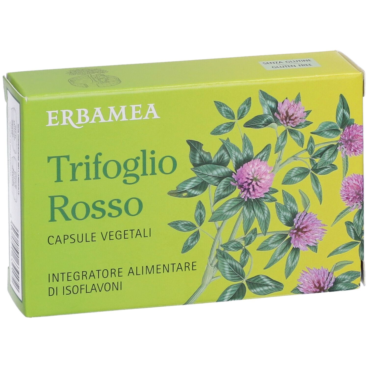 Grüne Schachtel Erbamea Trifoglio Rosso, Kapseln. Klee-Illustration. Glutenfrei.