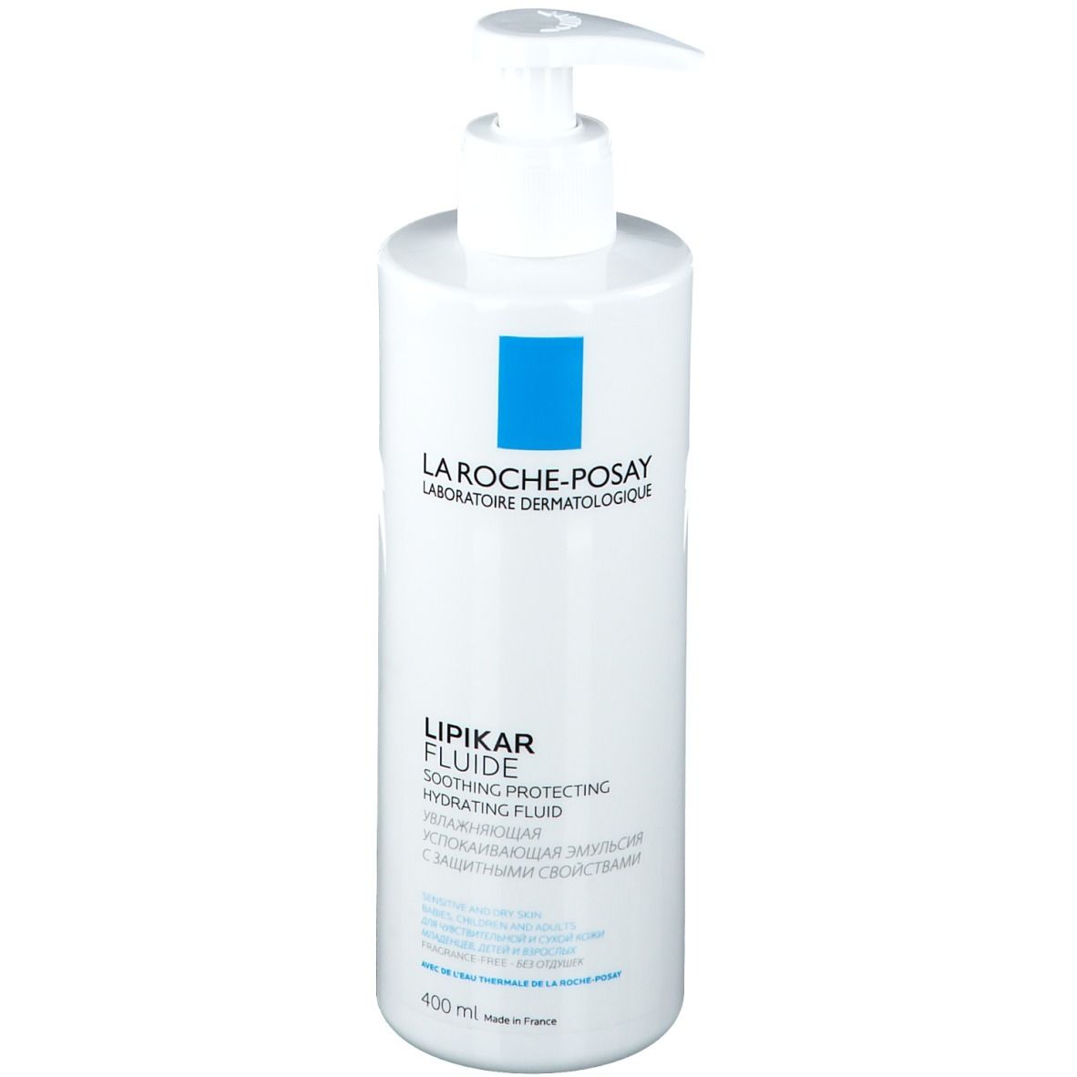 Flacone bianco con dosatore. Scritta: La Roche-Posay, Lipikar Fluide. Logo: quadrato blu. Volume: 400 ml.