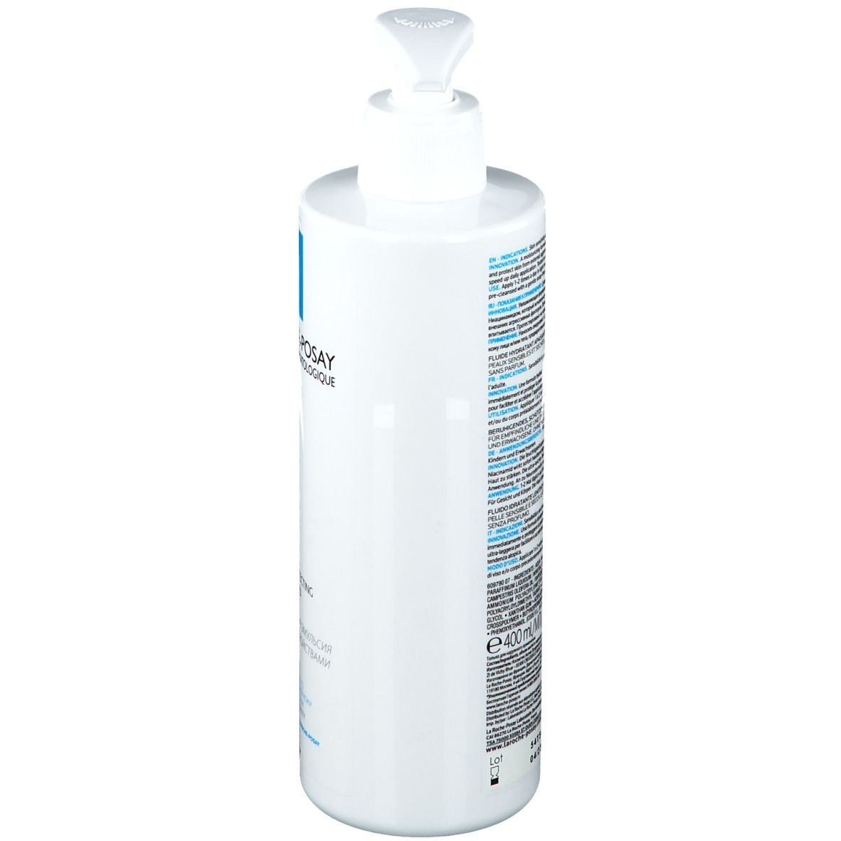 Flacone bianco con dosatore. Scritta: La Roche-Posay, Lipikar Fluide. Logo: quadrato blu. Volume: 400 ml. Retro con testo.