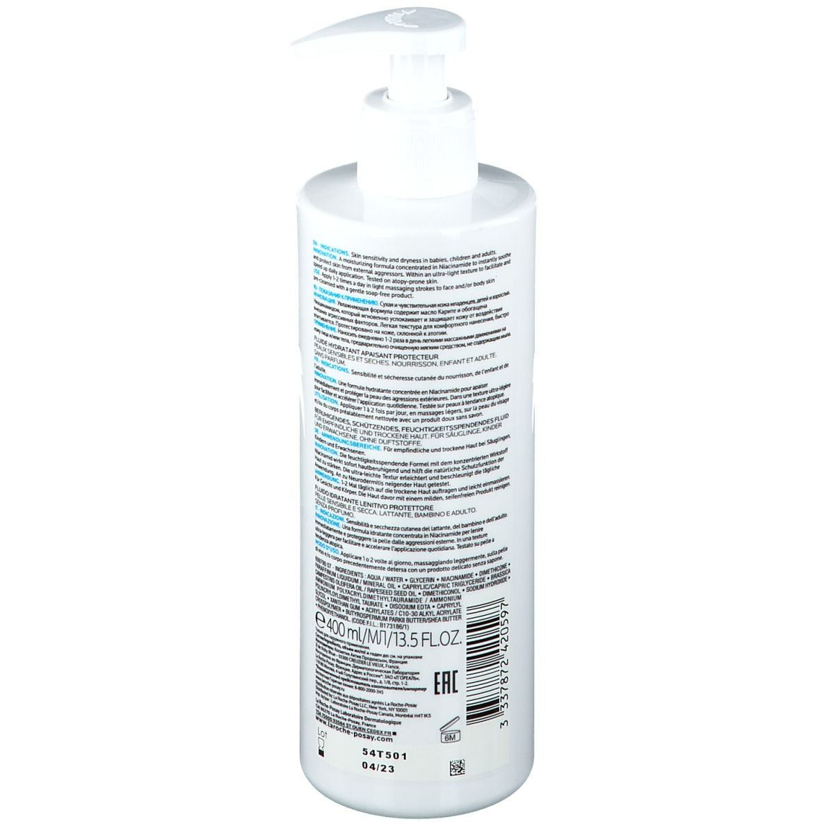 Flacone bianco con dosatore. Scritta: La Roche-Posay, Lipikar Fluide. Logo: quadrato blu. Volume: 400 ml. Retro con testo.