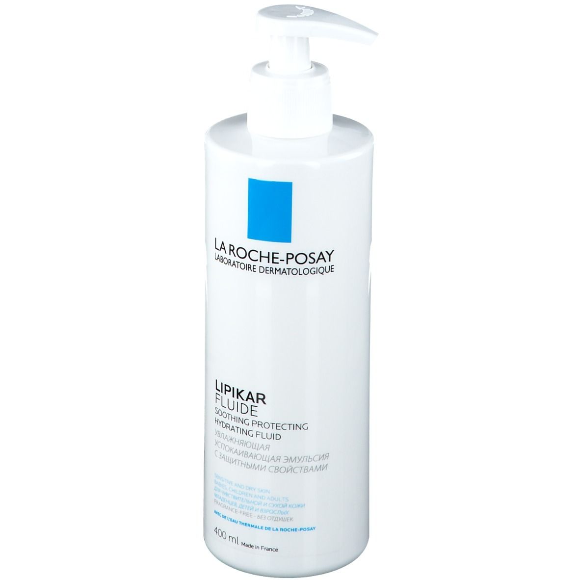 Flacone bianco con dosatore. Scritta: La Roche-Posay, Lipikar Fluide. Logo: quadrato blu. Volume: 400 ml.