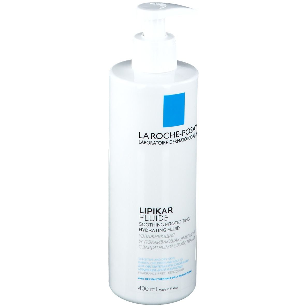 Flacone bianco con dosatore. Scritta: La Roche-Posay, Lipikar Fluide. Logo: quadrato blu. Volume: 400 ml.