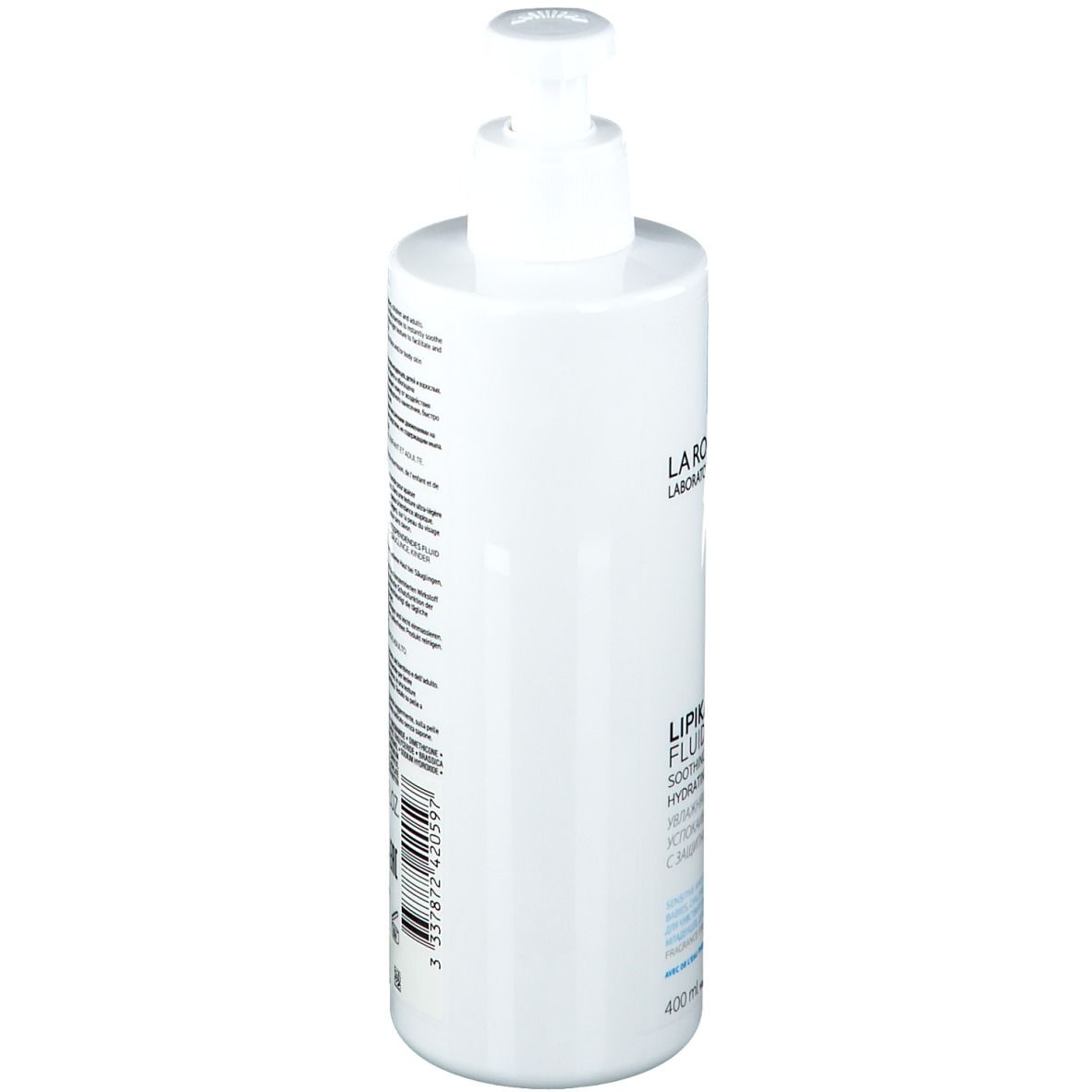 Flacone bianco con dosatore. Scritta: La Roche-Posay, Lipikar Fluide. Logo: quadrato blu. Volume: 400 ml. Vista laterale.