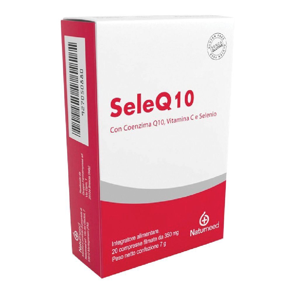Scatola bianca e rossa. Scritto: SeleQ10, con Coenzima Q10, Vitamina C e Selenio. Logo Naturmeed. Senza glutine.
