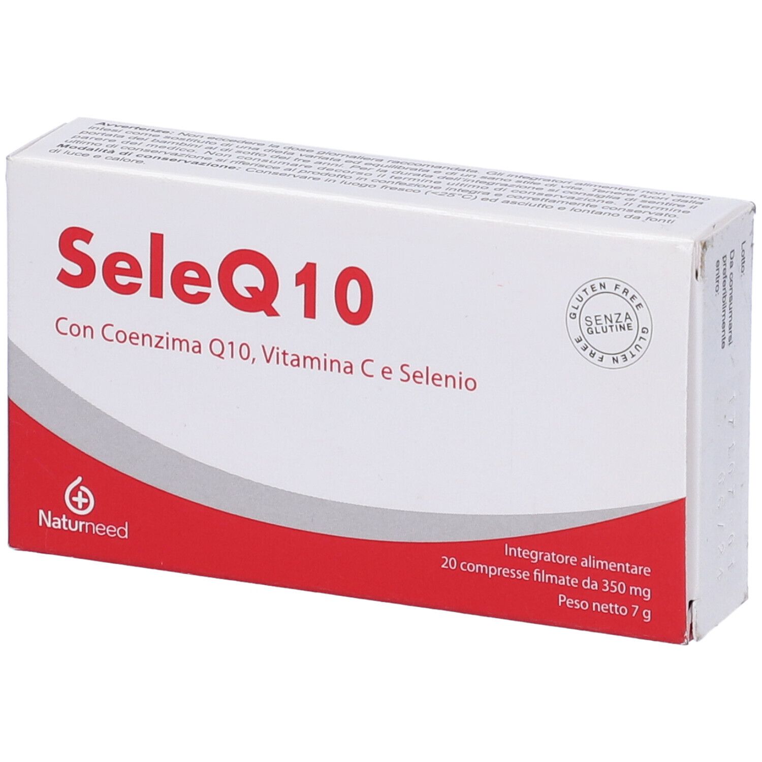 Scatola bianca con fascia rossa. Scritto: SeleQ10, con Coenzima Q10, Vitamina C e Selenio. Logo Naturmeed. Senza glutine.