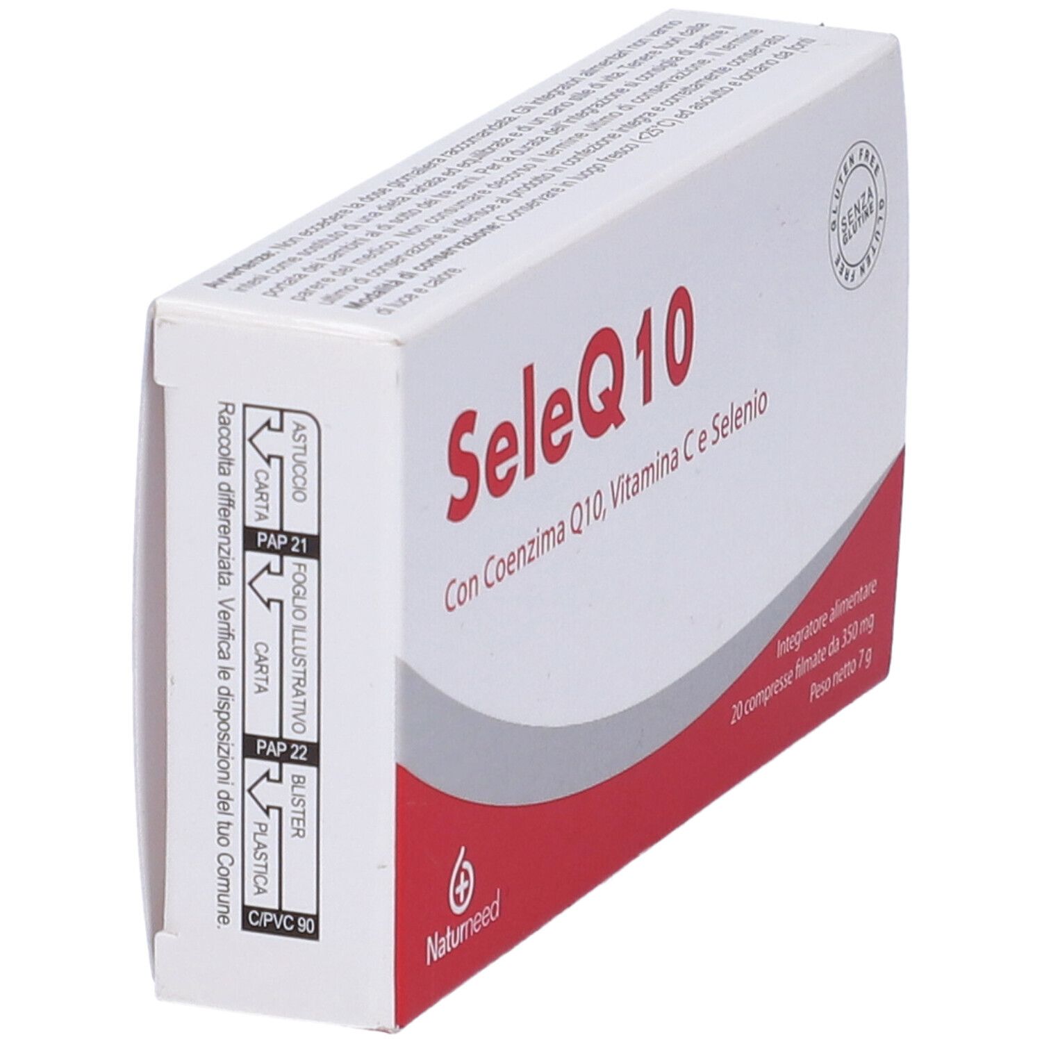 Scatola, bianco con fascia rossa. Scritto: SeleQ10, con Coenzima Q10, Vitamina C e Selenio. Logo Naturmeed. Senza glutine.