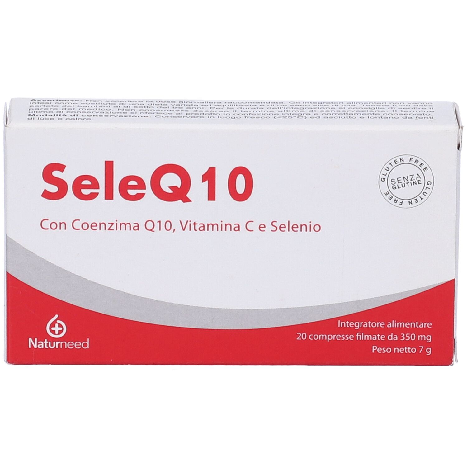 Scatola bianca con fascia rossa. Scritto: SeleQ10, con Coenzima Q10, Vitamina C e Selenio. Logo Naturmeed. Senza glutine.