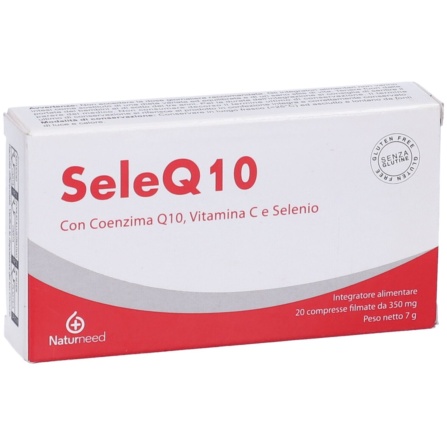 Scatola bianca con fascia rossa. Scritto: SeleQ10, con Coenzima Q10, Vitamina C e Selenio. Logo Naturmeed. Senza glutine.