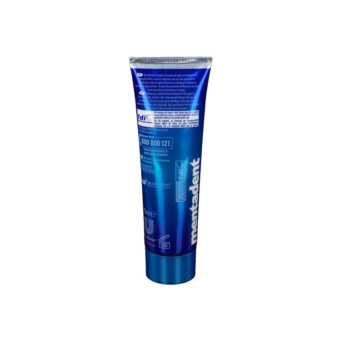 Rückseite der Zahncreme-Tube. Blaue Tube mit Text und Logos. Kontaktinformationen und Zertifizierungen.