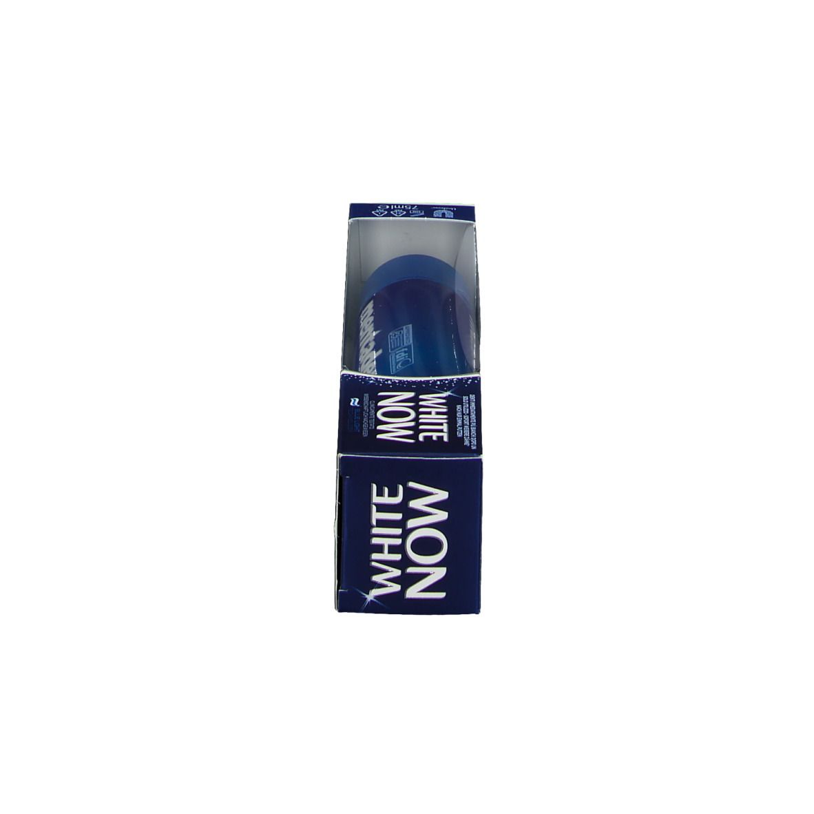 Zahncreme-Tube in Verpackung. Vertikale Ansicht. "WHITE NOW"-Logo auf der Verpackung.