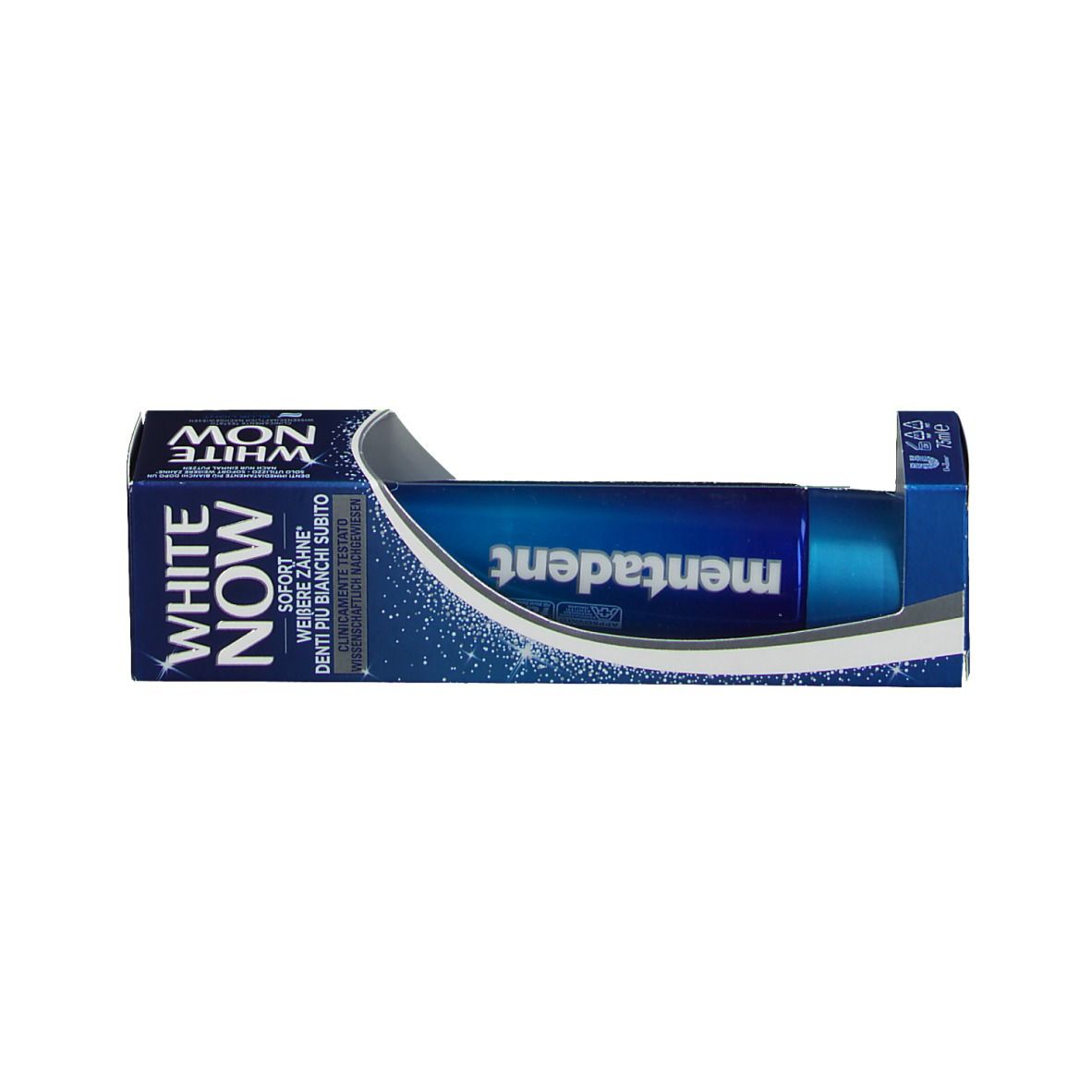 Zahncreme-Tube in Verpackung. Tube in geöffneter Schachtel. "WHITE NOW"-Logo auf der Schachtel.