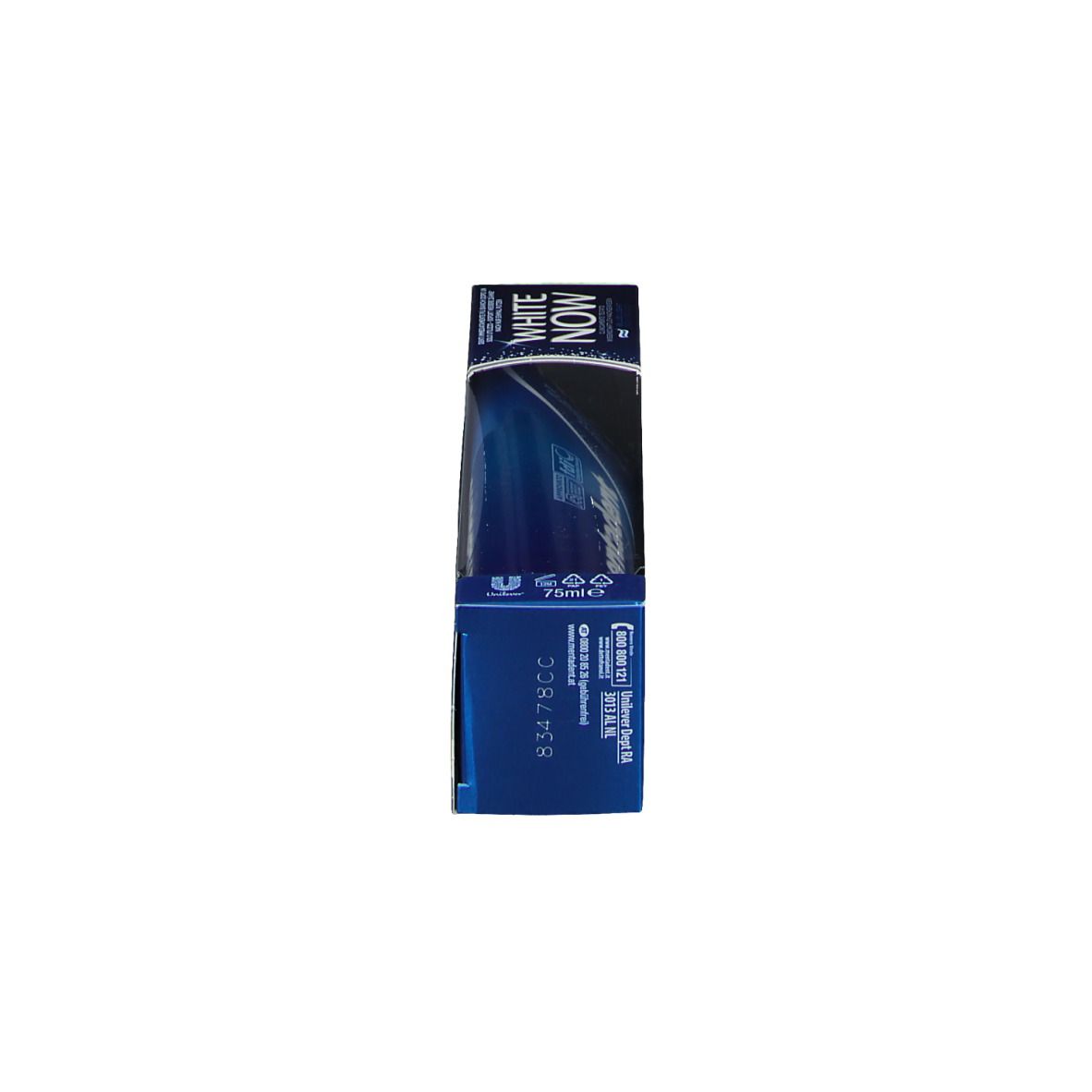 Zahncreme-Verpackung. Blaue Schachtel mit Text und Logos. "WHITE NOW"-Logo.
