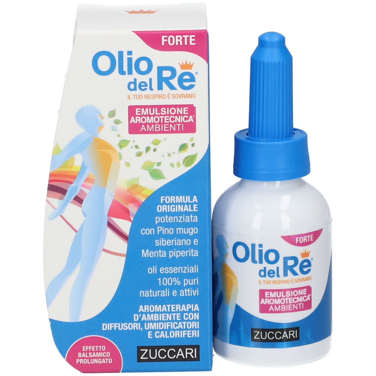 Flasche und Verpackung. Aufschrift: Olio del Re, Emulsione Aromatecnica Ambienti, ZUCCARI. Text und Illustrationen.