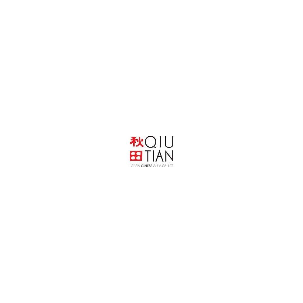 Logo con testo rosso. Caratteri cinesi in alto, poi "QIU TIAN" e "LA VIA CINESE ALLA SALUTE" in basso.