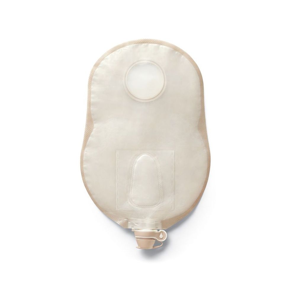 Sacca per urostomia trasparente. Sacca beige con apertura circolare superiore e finestra rettangolare inferiore.