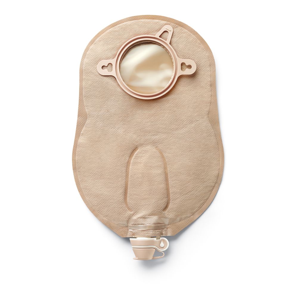 Sistema per urostomia. Sacca beige trasparente con anello e scarico. Materiale plastico.