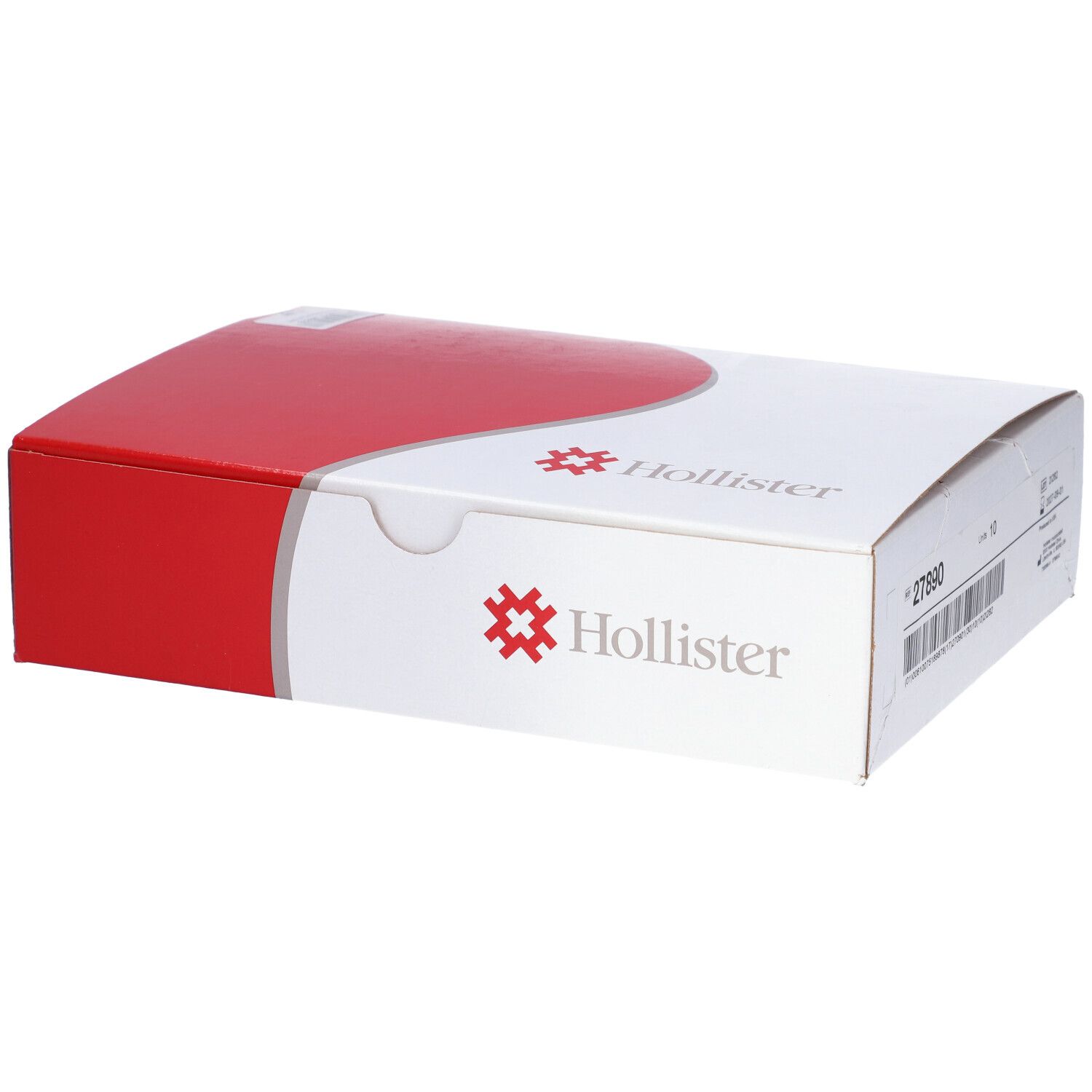 Confezione rettangolare, rossa e bianca. Logo Hollister. Informazioni sul prodotto e codice a barre.
