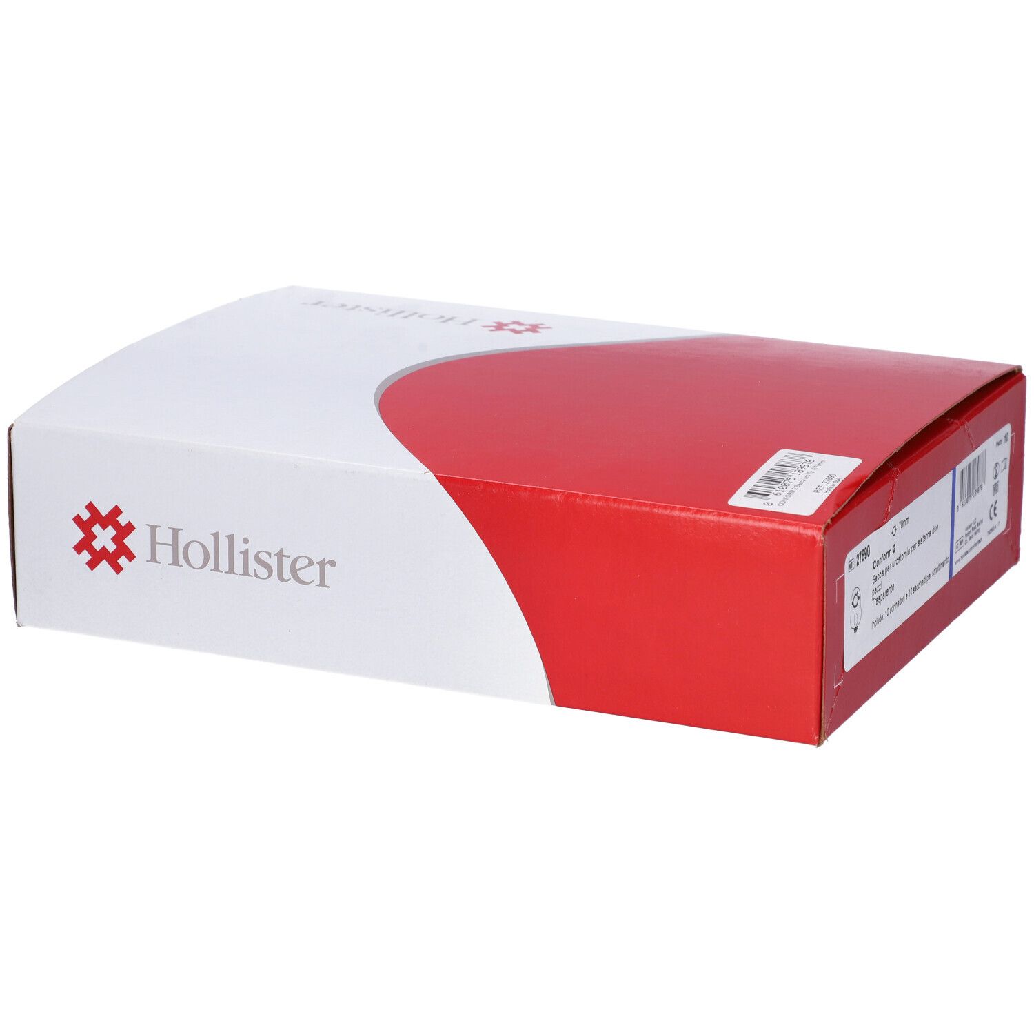 Confezione rettangolare, rossa e bianca. Logo Hollister. Informazioni sul prodotto e codice a barre.