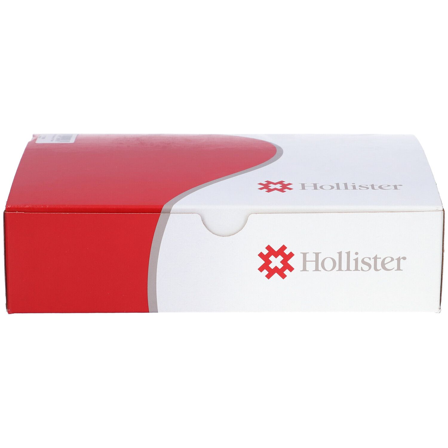 Confezione rettangolare, rossa e bianca. Logo Hollister. Codice a barre e informazioni sul prodotto.