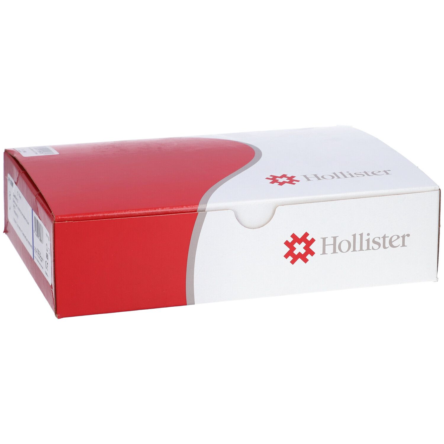 Confezione rettangolare, rossa e bianca. Logo Hollister. Codice a barre e informazioni sul prodotto.