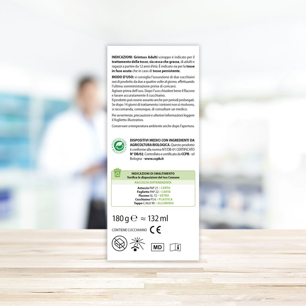 Rückseite der Produktverpackung. Textinformationen, Inhaltsstoffe, Zertifizierungen, Aboca-Logo.
