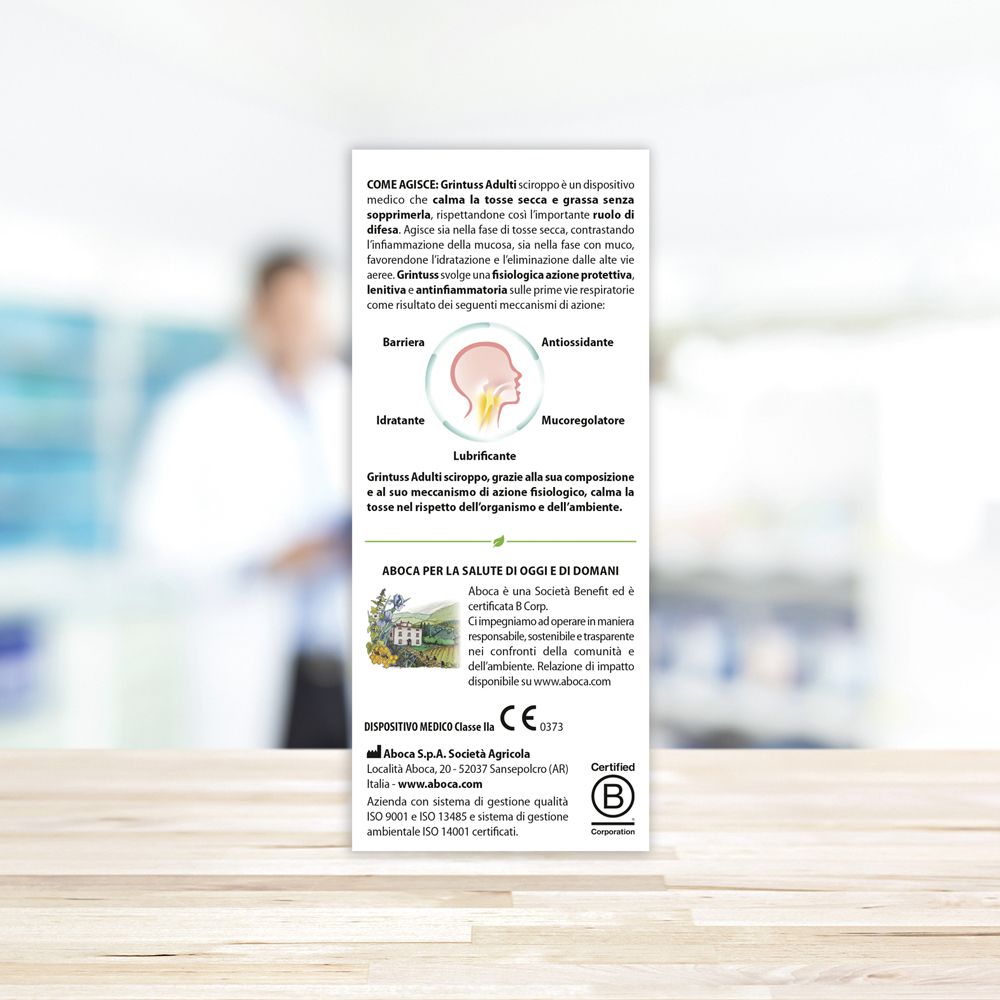 Rückseite der Produktverpackung. Textinformationen, Inhaltsstoffe, Zertifizierungen, Aboca-Logo.