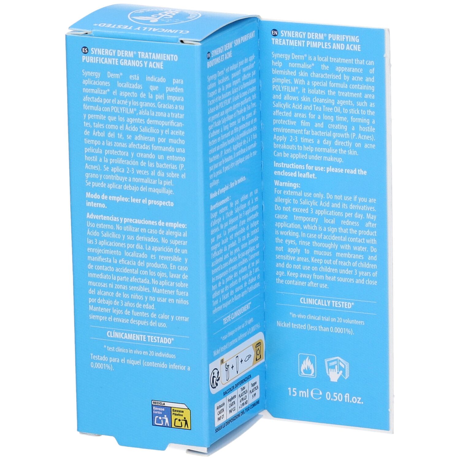Blau-weiße Produktverpackung. Aufschrift: SYNERGY DERM. Text in Englisch. Ausführliche Produktinformationen auf der Innenseite.