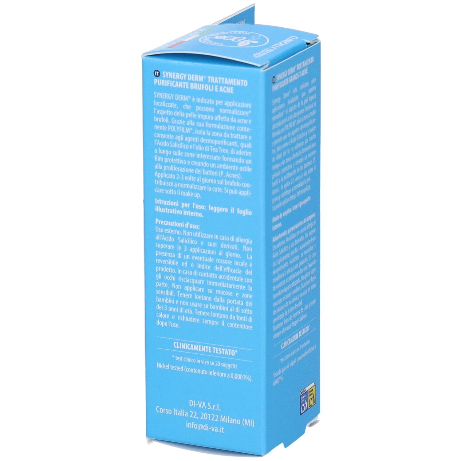 Blau-weiße Produktverpackung. Aufschrift: SYNERGY DERM. Text in Italienisch. Seitenansicht der Verpackung mit Text.