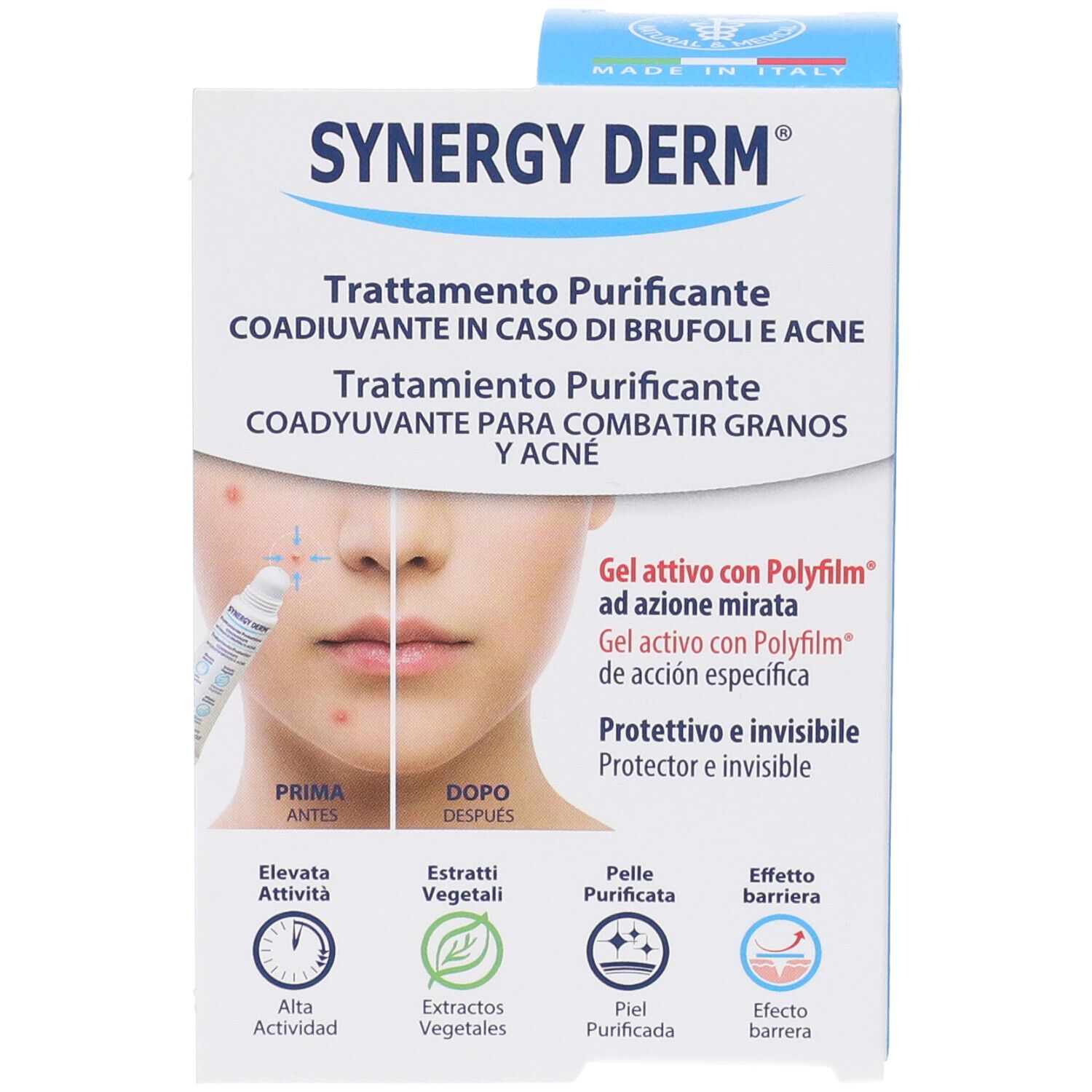 Produktverpackung, blau-weiß. Aufschrift: SYNERGY DERM. Text in Italienisch und Spanisch. Abbildung eines Gesichts.