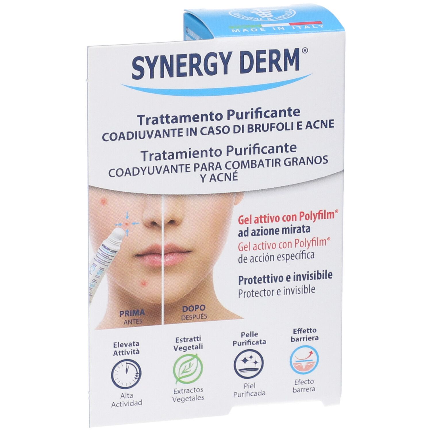 Produktverpackung, blau-weiß. Aufschrift: SYNERGY DERM. Text in Italienisch und Spanisch. Abbildung eines Gesichts.