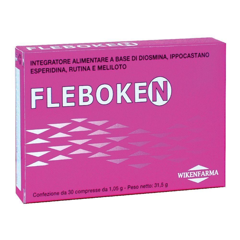 Scatola rosa "Fleboken N". Contiene diosmina, ippocastano, esperidina, rutina e meliloto. 30 compresse.
