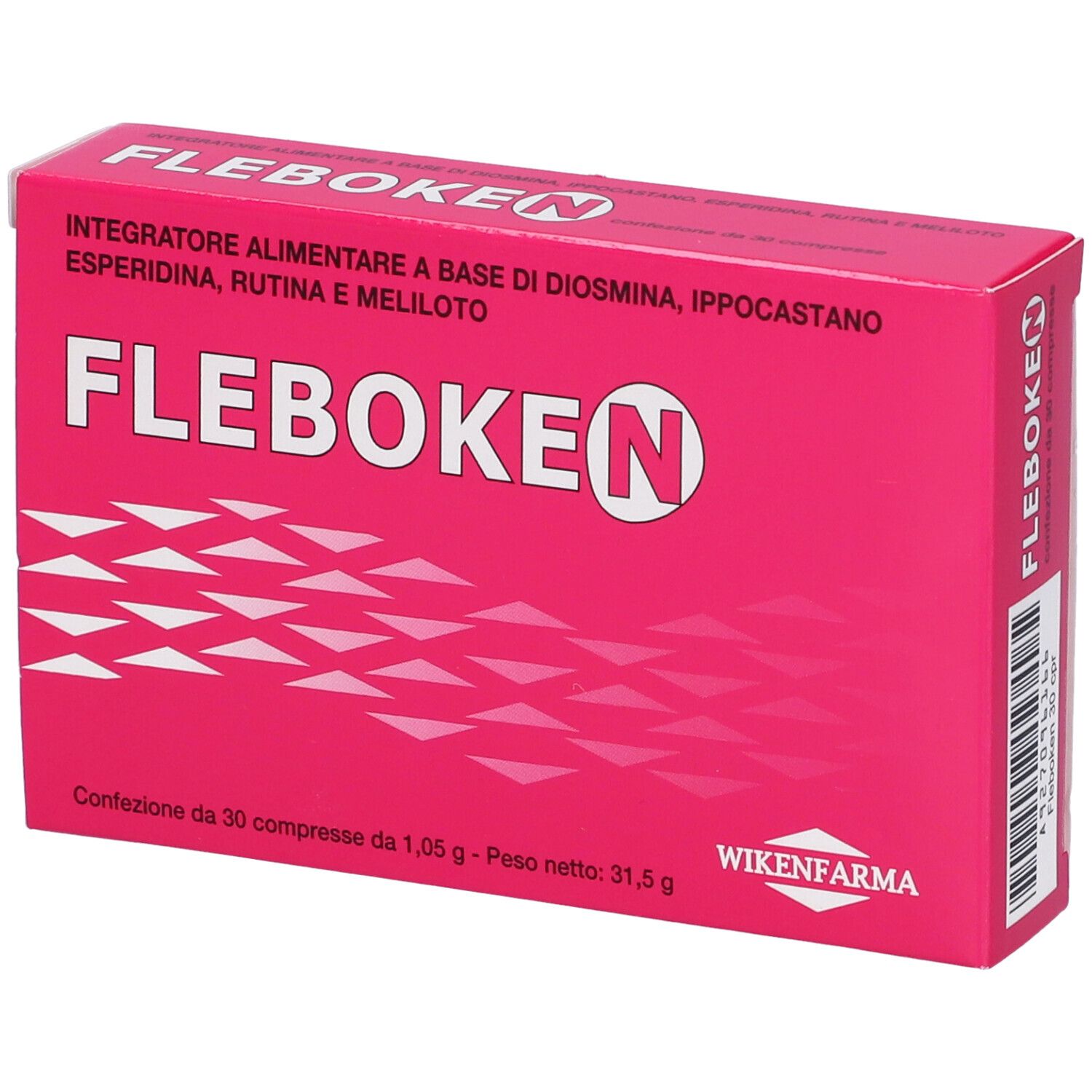 Scatola rosa "Fleboken N". Contiene diosmina, ippocastano, esperidina, rutina e meliloto. 30 compresse.