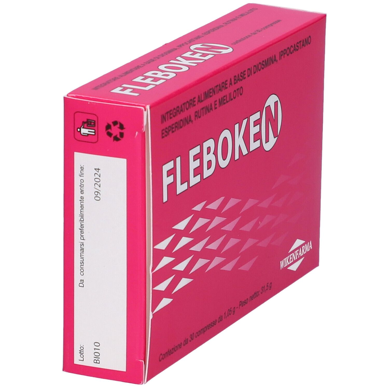 Scatola rosa "Fleboken N". Contiene diosmina, ippocastano, esperidina, rutina e meliloto. Data di scadenza.