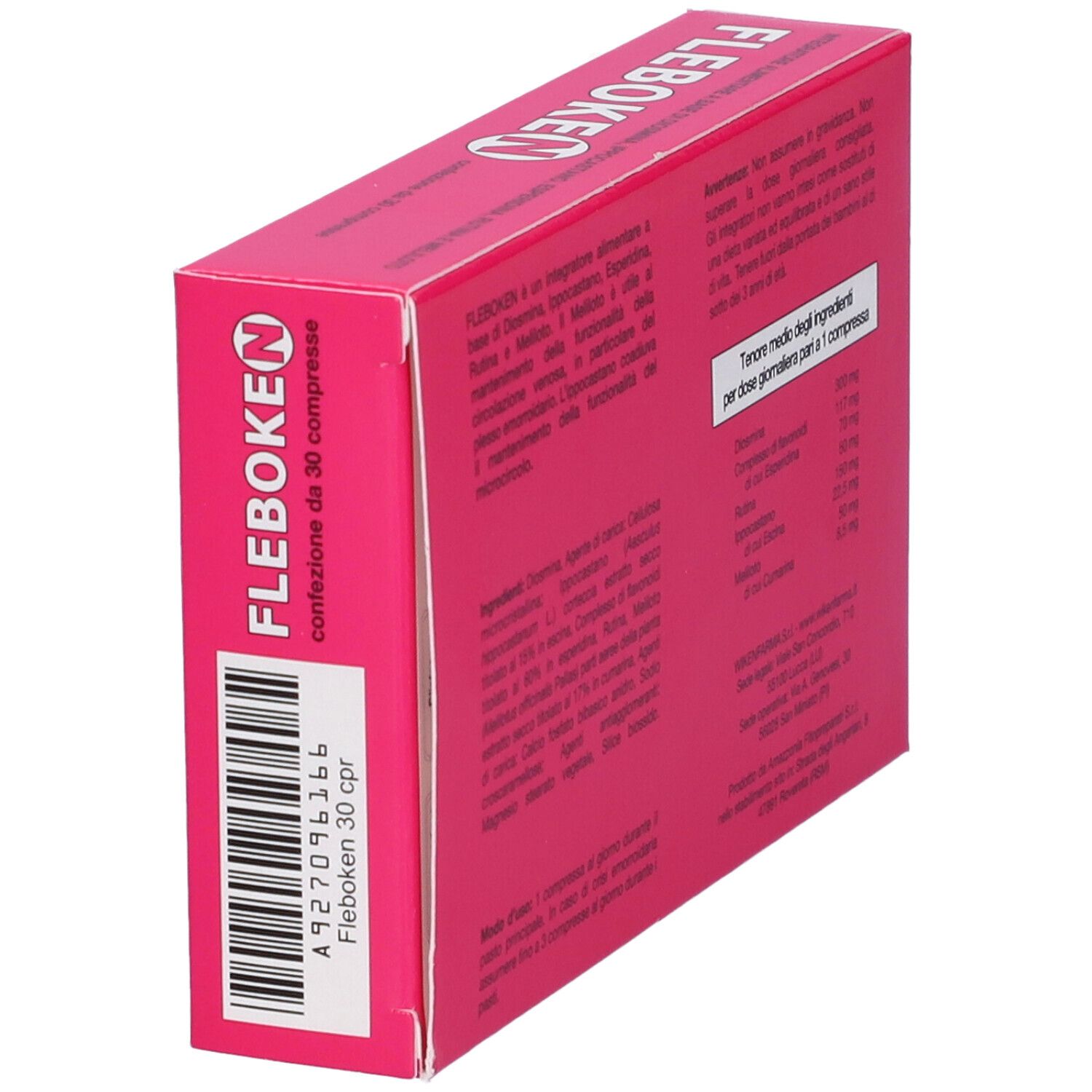 Scatola "Fleboken N" vista posteriore. Ingredienti, dosaggio, avvertenze. Codice a barre e informazioni produttore.